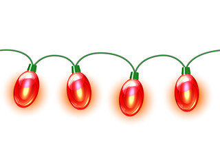 Red garland, festive decorations. Glowing christmas lights isolated on white