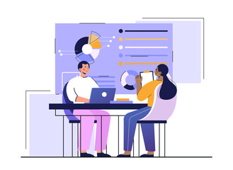 Financial consultation concept. Woman turns to accountant for advice on budget management and saving money. Man sitting at laptop and analyzing company statistics. Cartoon flat vector illustration