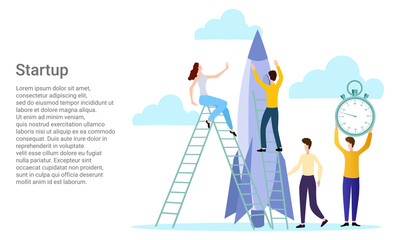 Startup.People launch a rocket, launch a new project..Poster in business style.Vector illustration.