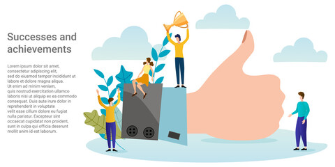 Successes and achievements.People on the background of a big hand showing the class rejoice at success.Poster in business style.Vector illustration.