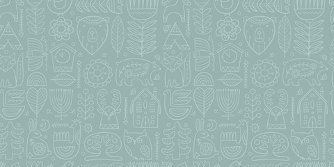 Nordic Ornament. Forest Animals, Folk Background. Seamless pattern for your design