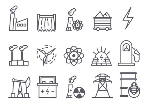 Getting Energy icon set. Minimalistic stickers with stations for generating electricity, solar panels, oil wells. Design elements for web. Cartoon flat vector collection isolated on white background