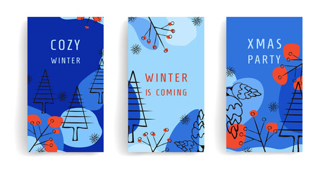 Naklejka premium Set vector winter background. New Year and Christmas design illustrations with copy space for text. Suitable for social media posts and stories, covers, wallpapers, winter design for ads and banners