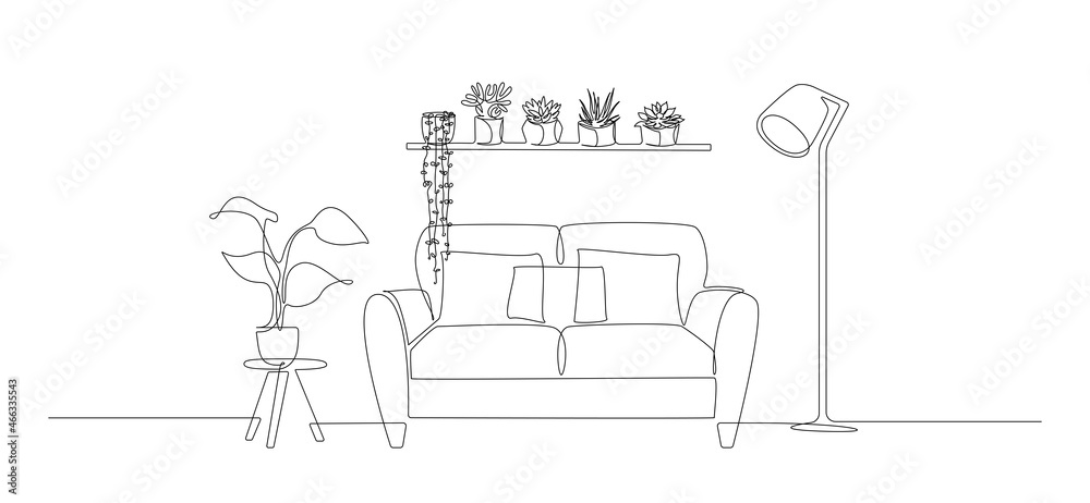 Aufkleber Continuous one line drawing of sofa and wall shelf with potted plants and floor lamp. Scandinavian stylish furniture in simple linear style. Doodle vector illustration