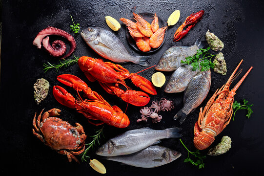 Fresh fish and seafood assortment on black slate background. Top view