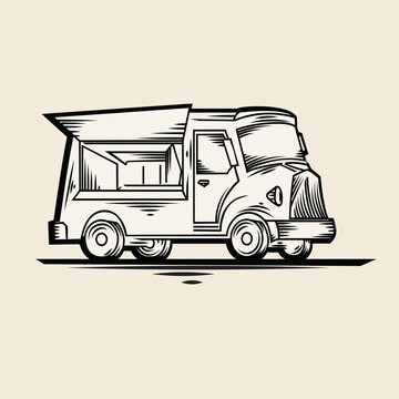 Retro food truck bus - drawn monochrome pictogram sign