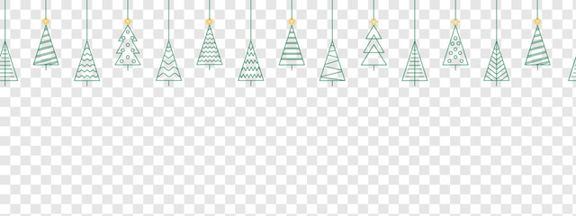 Christmas and New Year seamless banner or border. Vector Christmas tree set isolated on transparent background.Line icon. - obrazy, fototapety, plakaty