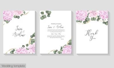 Fototapeta na wymiar Floral template for wedding invitation. Pink dahlias, eucalyptus, greenery, leaves, round, golden shapes.