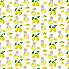 Pattern with lemon oil in a bottle for aromatherapy and spa treatments. Vector graphics. For beauty salons and spas, packaging, brochures and covers, flyers, prints, beauty shops.