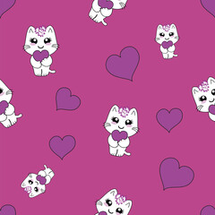 nahtloses Muster mit Kawaii Kätzchen und Herzchen mit pinken hintergrund. Vektor