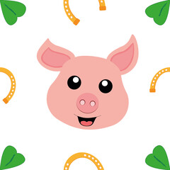 nahtloses Muster mit niedlichem Schweinchen, Kleeblatt und Hufeisen. Vektor