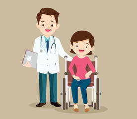 Obraz premium Smart doctor and female patient recovered from illness in wheelchair