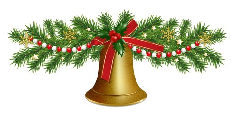 Christmas bells golden. Happy New Year border with garland Christmas tree branches and holly berries, beads. Vector