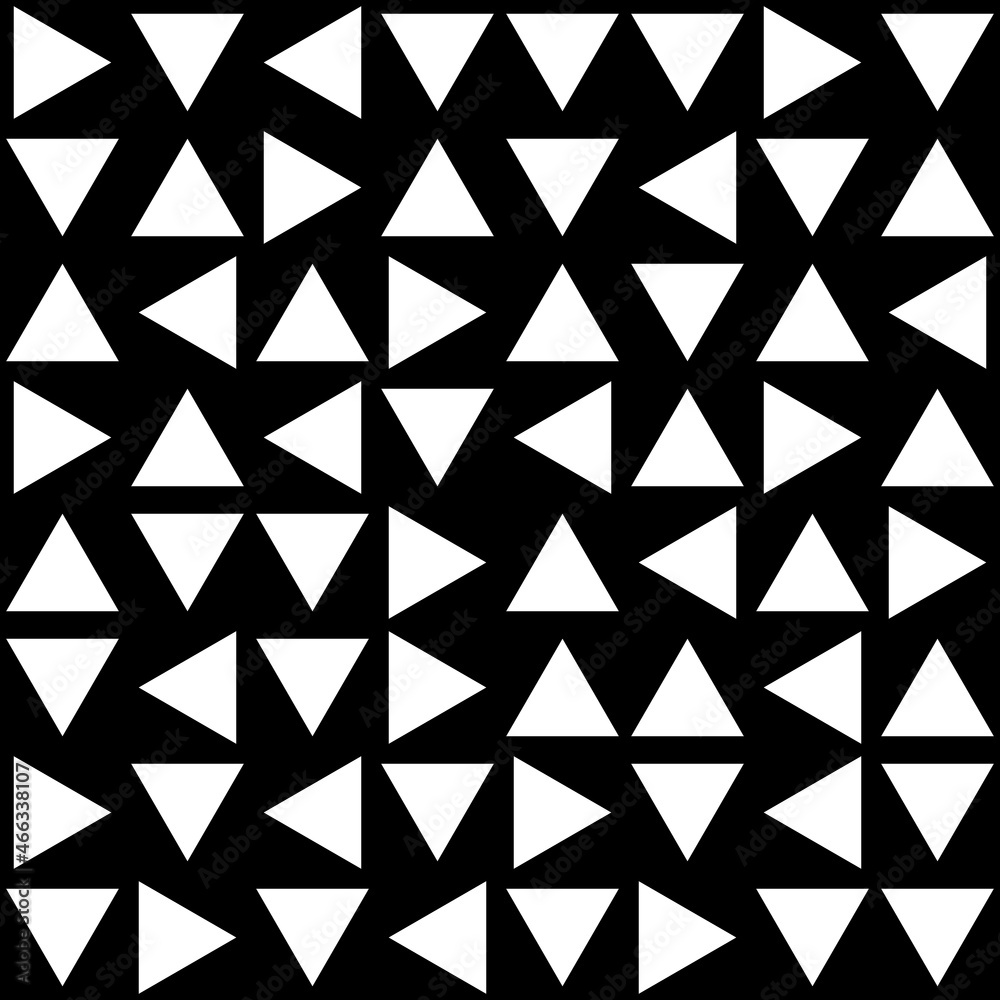 Poster White triangles face all sides, and are at the same distance from each other. Seamless vector on black background.