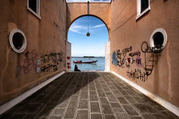Modern architecture in the old center of Venice. Residential area. Streets of the old city. Venice. Veneto.