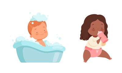 Baby Boy in Bathtub Taking Bath and Girl Drinking Milk from Bottle Vector Set
