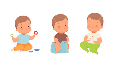 Fototapeta premium Baby Boy Sitting on Potty-chair and Playing Toys Vector Set
