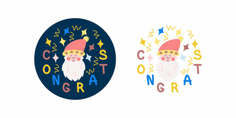 New Years and Christmas cards with Santa Claus and Congrats lettering. Cartoon vector illustration.