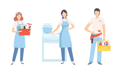 Fototapeta premium Young Man and Woman Professional Cleaner in Blue Uniform with Detergent Vector Set