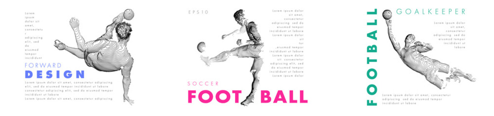 A set of football, soccer players drawing by color lines with text