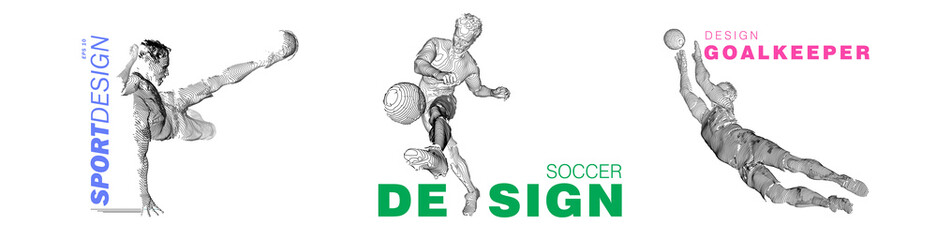 A set of football, soccer players drawing by color lines with text