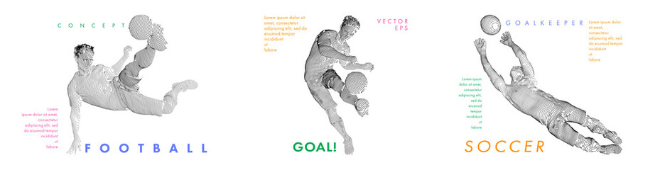 A set of football, soccer players drawing by color lines with text