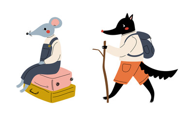 Animal Tourist or Traveler with Luggage or Baggage Having Trip on Vacation Vector Set