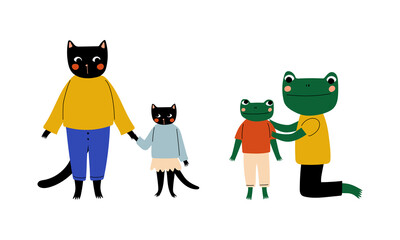 Animal Parent Humanized Character Standing with Their Kid Vector Set