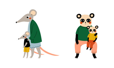 Animal Parent Humanized Character Standing with Their Kid Vector Set