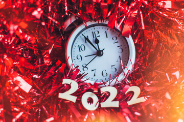 New Year's Eve Countdown Party.  Red Background With Clock Waiting For 00:00 To Enter The Year 2022