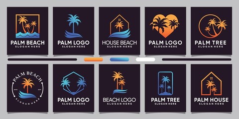 Set bundle of palm logo design inspiration, illustration with line art and negative space concept Premium Vector