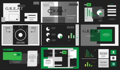 Power point template set. Info graphic, UI, UX, element set. Web design, website, apps, templates. Green template. Black template. Brochure, poster, book, layer, banner. 