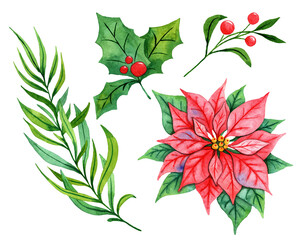 Christmas watercolor clipart, set of elements, poinsettia, holly, branches, berries. Hand painted illustration. Seasonal decor xmas star, New Year's elements for creating a unique design for cards