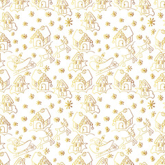 Hand drawn golden christmas seamless pattern  with cute cartoon houses in the snow, santa claus with reindeer. vector illustration perfect for wrapping paper, greeting cards and holiday banners 