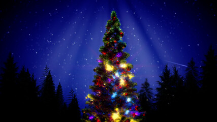 decorated xmas pine tree and night forest , design nature 3D rendering