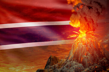 conical volcano eruption at night with explosion on Gambia flag background, problems of eruption and volcanic ash conceptual 3D illustration of nature