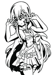 Sexy manga anime girl with big breasts fantasy in translucent clothes in stockings and with a big bow painting line style manga vector