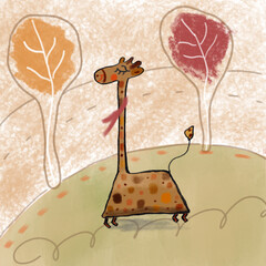Postcard with giraffe walking in the autumn forest