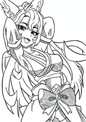 Sexy manga anime girl with big breasts fantasy fox with ears in kimono the picture is made with lines