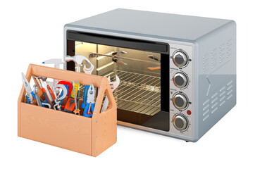 Obraz premium Convection toaster oven with toolbox. Repair and service of Convection Toaster Oven with Rotisserie and Grill, 3D rendering