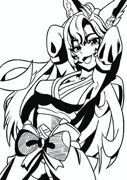 Sexy manga anime girl with big breasts fantasy fox with ears in kimono painting line style manga vector