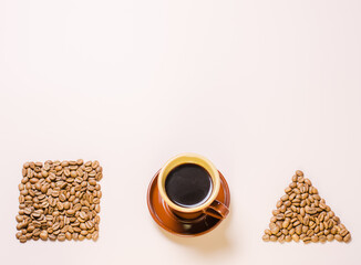 Black coffee is poured into a ceramic cup in a Scandinavian vintage style, in the style of a squid game.