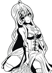Sexy manga anime girl with big breasts and long hair in a corset sitting painting line style manga vector