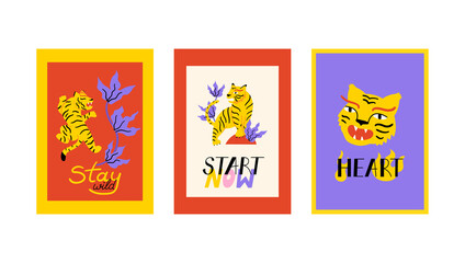 Set of colorful posters with asian tigers, abstract leaves and lettering. Vector background.