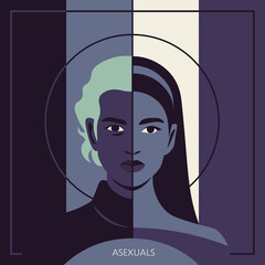 Portrait of asexual people. Half of faces of man and woman. Asexuality. Gender issues. LGBTQ. Intersex. Transgender. Vector flat illustration