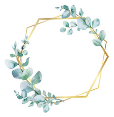 Watercolor Christmas wreath with eucalyptus branches. Hand painted holiday frame with greenery isolated on white background. Floral frame. Winter Save the Date. Watercolor Eucalyptus Greenery frame