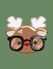 Cute muzzle of a Christmas deer with a red nose wearing glasses. Vector illustration postcard.