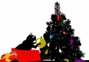 albero di natale con gatto che esce dal pacco natalizio con pallina di natale