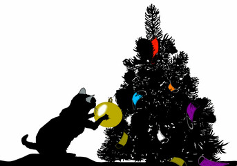 albero di natale addobbato con mascherine e gatto con pallina natalizia