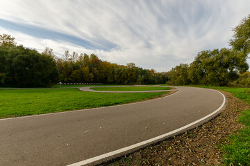 Biathlon route in the autumn forest. Biathlon stadium